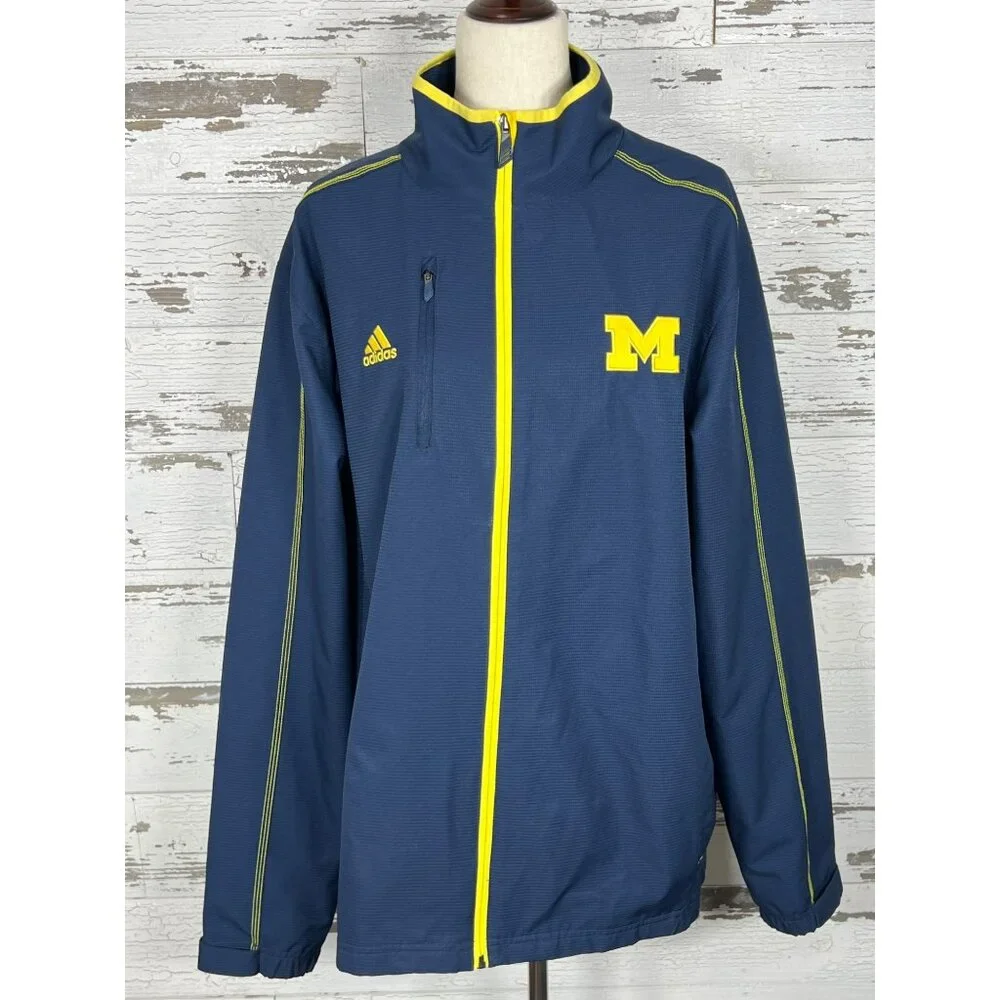 ADIDAS Essentials Three Stripes Woven Windbreaker Michigan Wolverines Blue Sz L